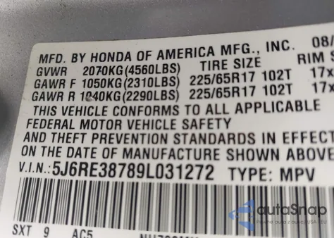 2009 Honda Cr-V Ex-L z USA, uszkodzony, nr VIN 5J6RE38789L031272